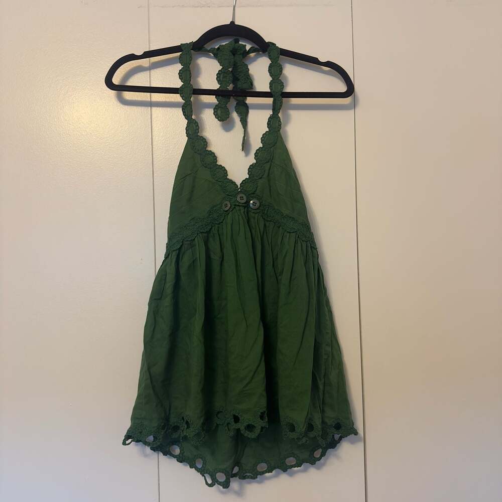 Moda International Y2K Green Crochet Trim Halter Top Size Medium